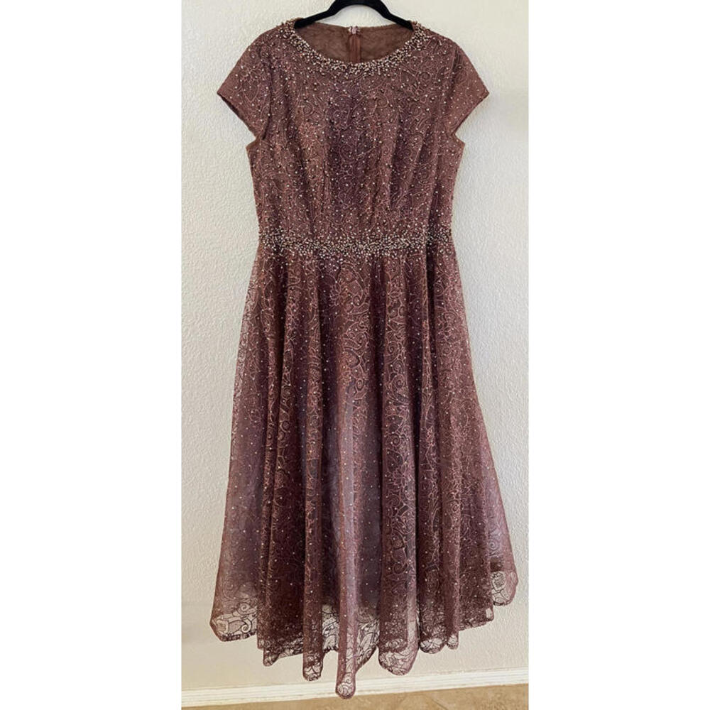 New Mac Duggal 20371 Embellished Cap Sleeve A Line Dress In Chocolate Sz8 $698 - Picture 4 of 10